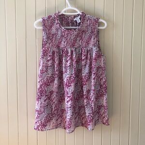Pink floral print sleveless blouse with ruffle neckline - L